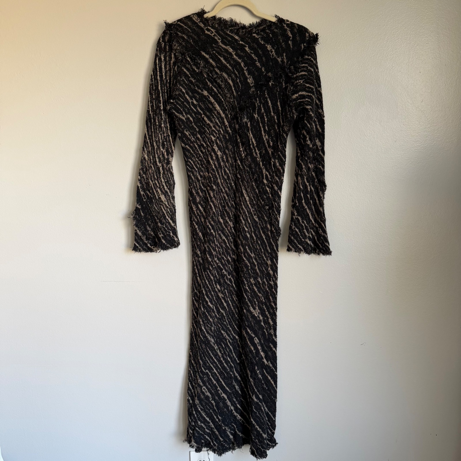 Rebecca Jane Noble Handwoven Maxi Dress Black Tan Fringed Textured Stripe Small
